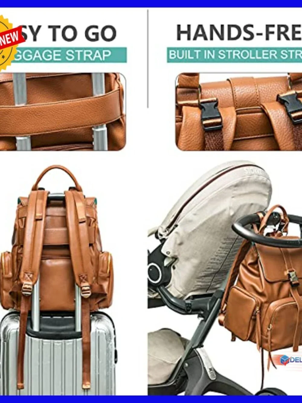 Leather Diaper Backpack with 14 Pockets, Insulated Compartments, Changing Pad